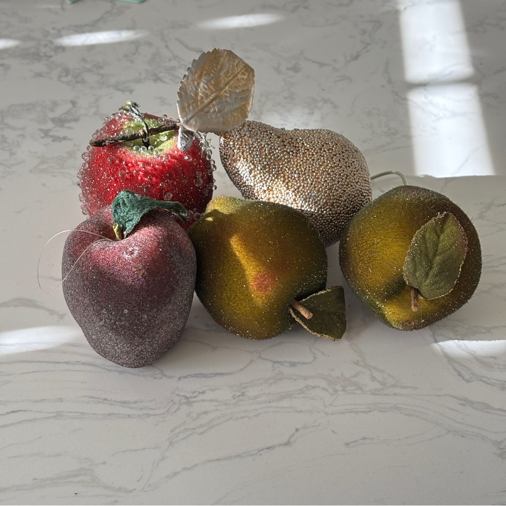 Set of five artificial beaded/ sugared apples/ 1 pear
